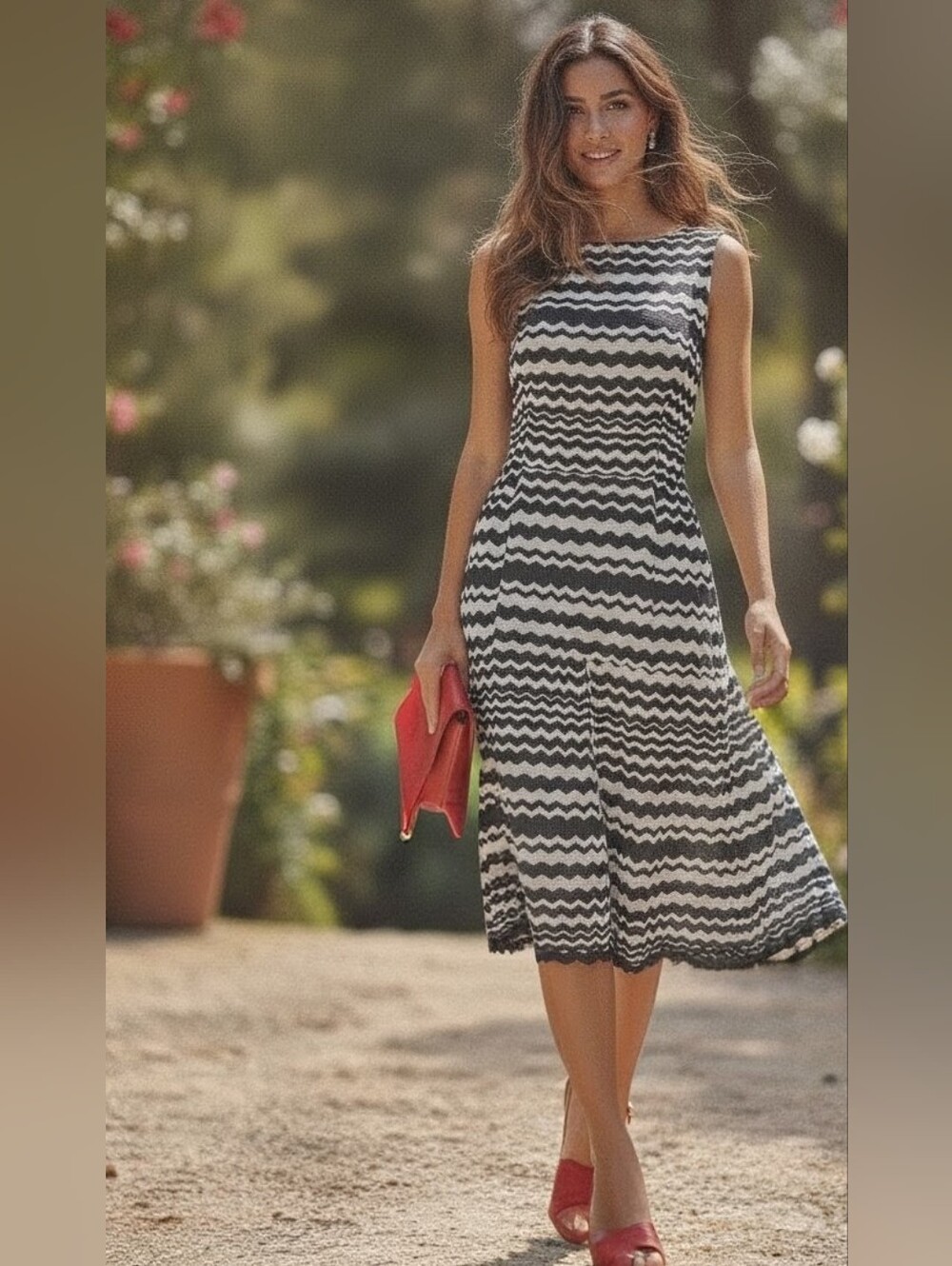 Chic Black & White "Taylor" Textured Sleeveless Midi Dress